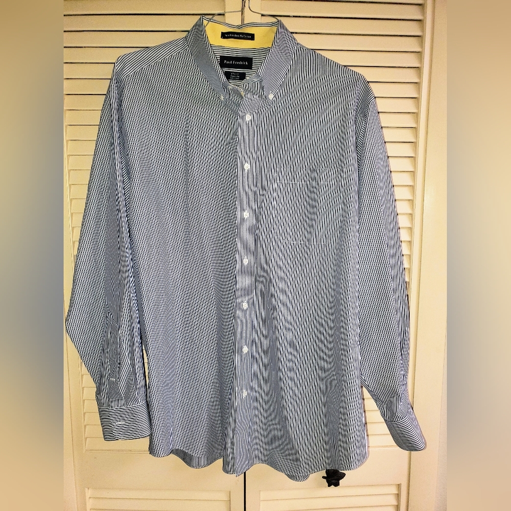 Paul Fredrick Men's Blue Striped Non Iron Shirt Size 17 1/2x35